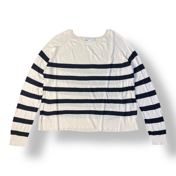 Zara Black and White Striped Lightweight Sweater Size M Classic Preppy Casual - Picture 1 of 7